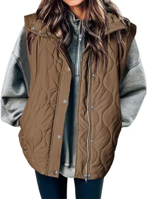 Women Winter Oversized Puffer Vest Sleeveless Jacket Zip Up Lightweight Stand Collar Insulated Padded Puffy Jackets Coat