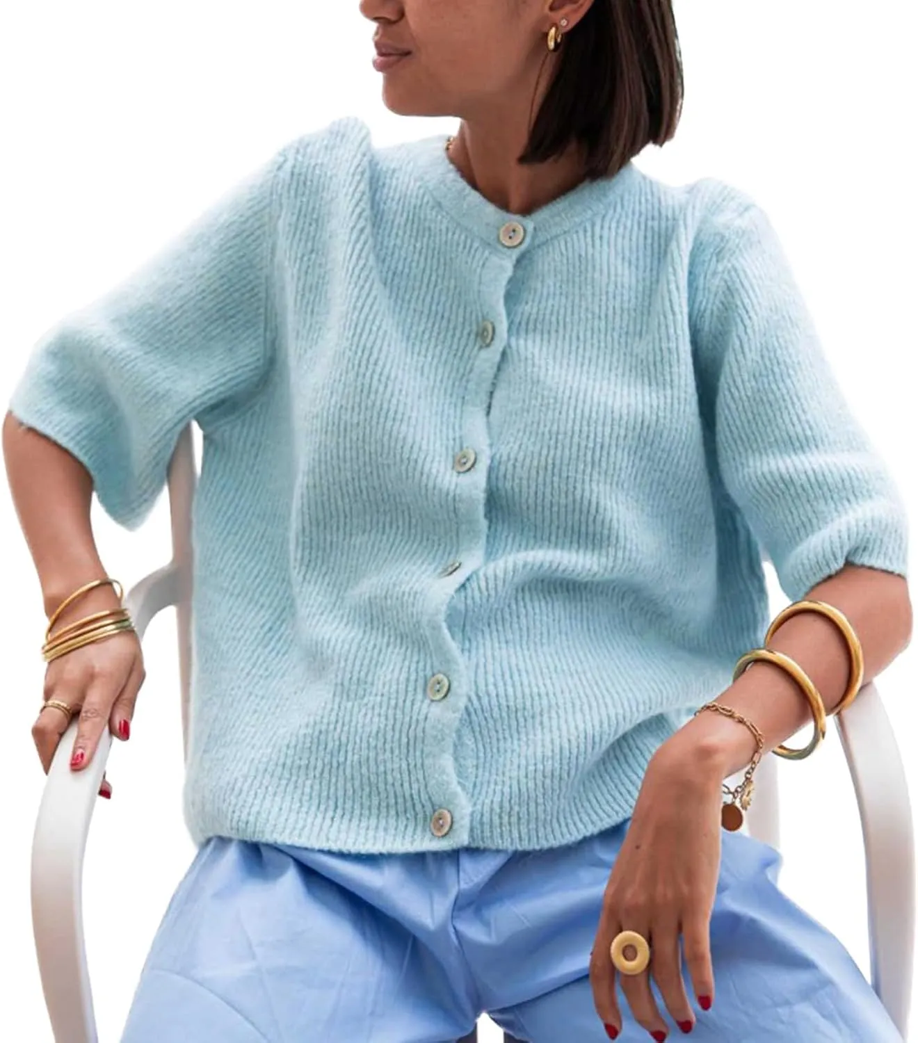 Women Y2K Cardigan Sweater Short Sleeve Button Down Ribbed Knit Crop Top Fall Winter Going Out Sweater