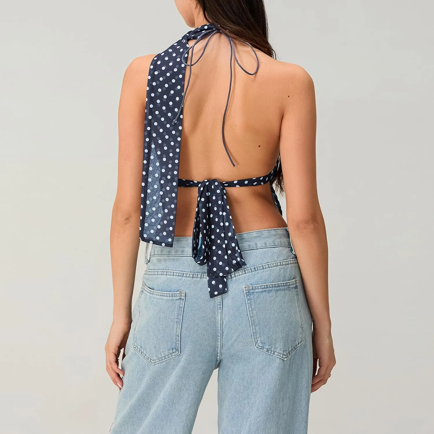 Women Y2k Polka Dot Cami Top Sexy Deep V Neck Spaghetti Strap Open Back Crop Top Lace Trim Coquette Fairy Camisoles