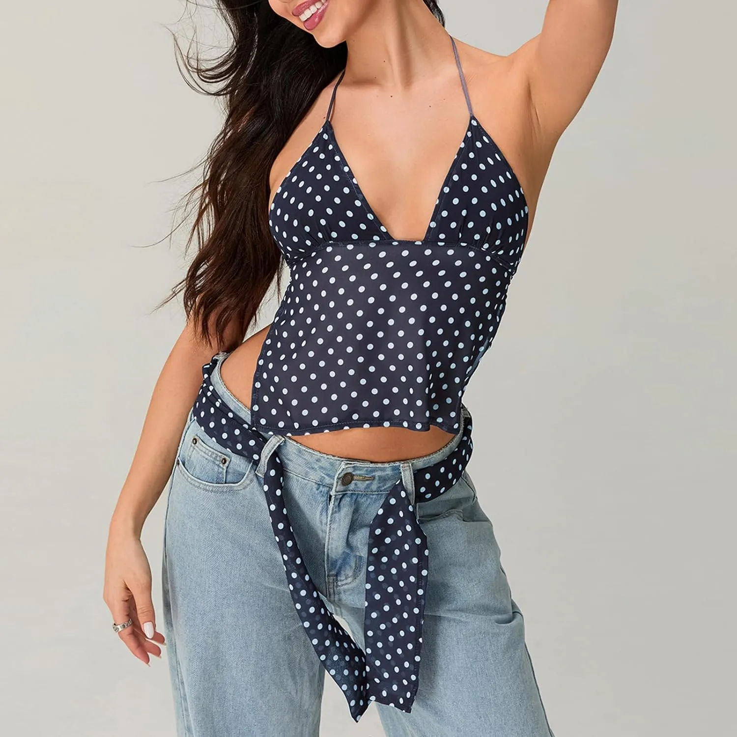 Women Y2k Polka Dot Cami Top Sexy Deep V Neck Spaghetti Strap Open Back Crop Top Lace Trim Coquette Fairy Camisoles
