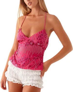 Women Y2K Sequin Tank Top Sexy V Neck Criss Cross Strap Open Back Cami Top Summer Halter Sparkly Low Cut Crop Tops