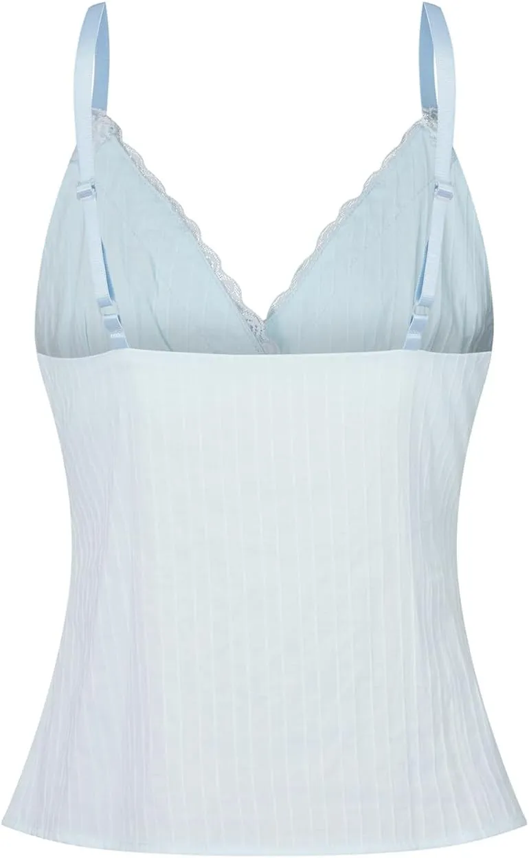 Women Y2K Tank Top Vintage Lace Trim V-Neck Slim Cami Crop Top Sweet Preppy Going Out Tops 00s Aesthetic Mini Vest