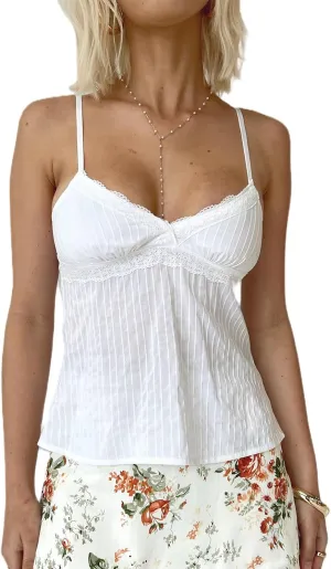 Women Y2K Tank Top Vintage Lace Trim V-Neck Slim Cami Crop Top Sweet Preppy Going Out Tops 00s Aesthetic Mini Vest