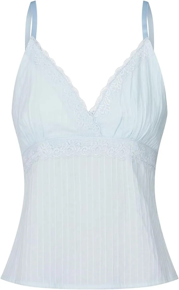 Women Y2K Tank Top Vintage Lace Trim V-Neck Slim Cami Crop Top Sweet Preppy Going Out Tops 00s Aesthetic Mini Vest