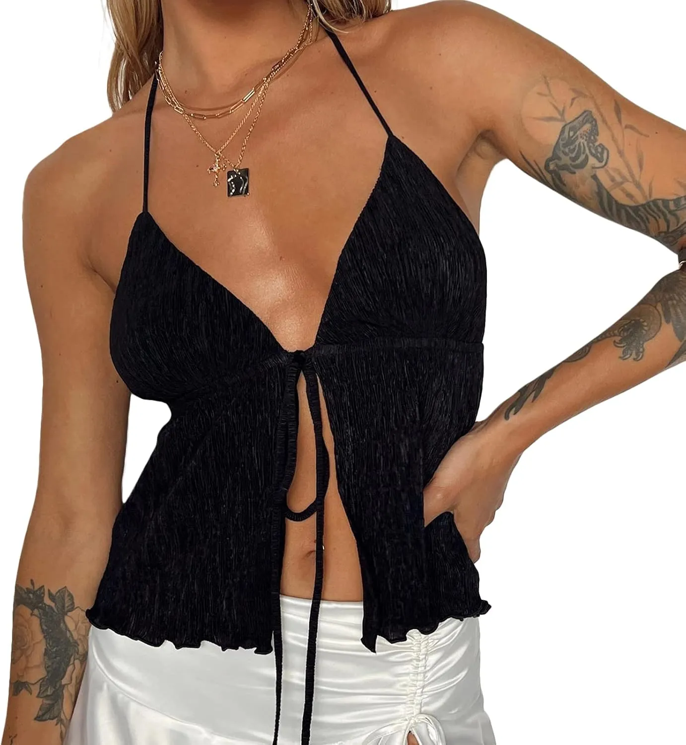 Women Y2k Tie Front Cami Crop Top Deep V Neck Spaghetti Strap Halter Camisole Sexy Ruffle Summer Going Out Tank Top