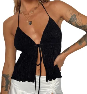 Women Y2k Tie Front Cami Crop Top Deep V Neck Spaghetti Strap Halter Camisole Sexy Ruffle Summer Going Out Tank Top