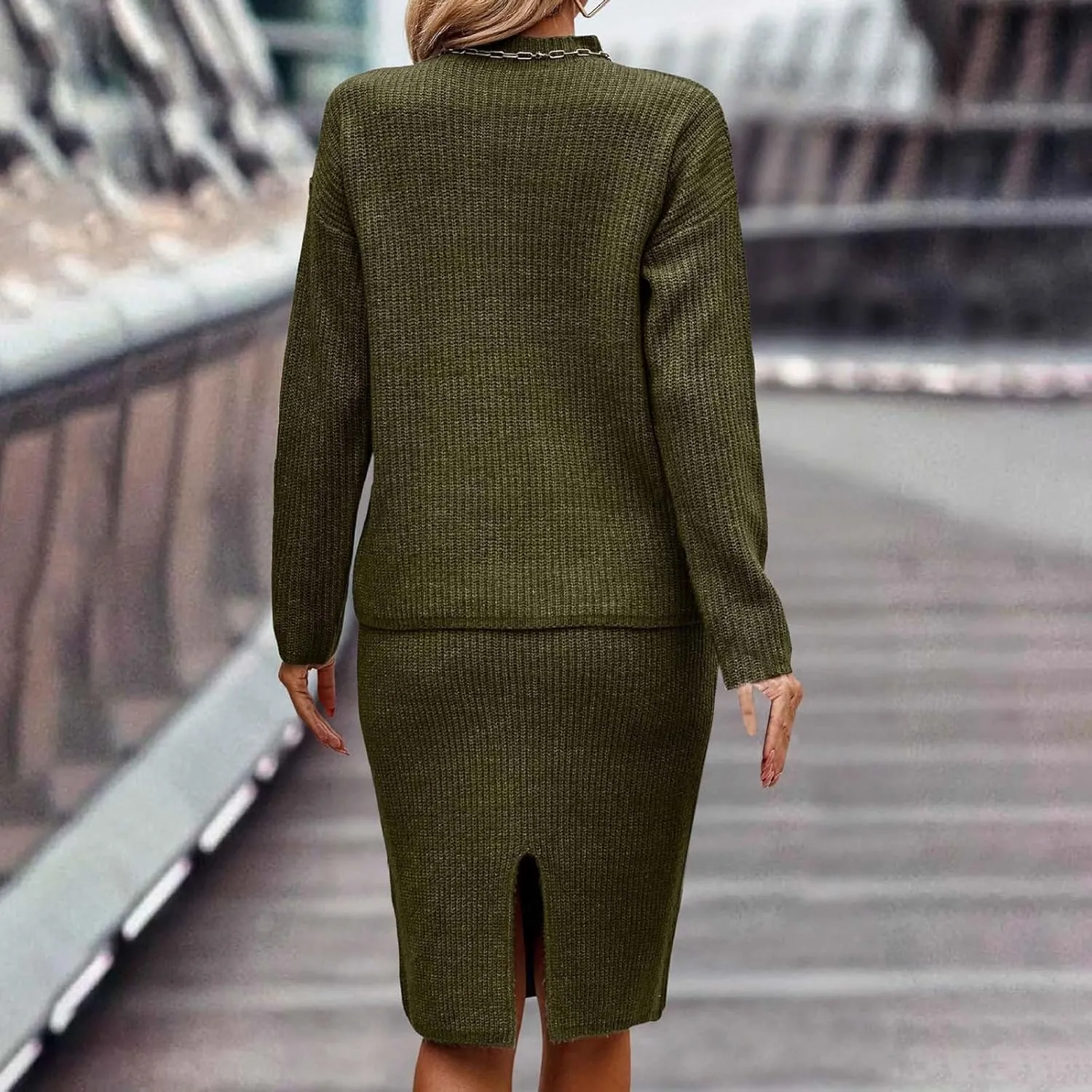 Womens 2023 Fall Two Piece Outfits Ribbed Knit Long Sleeve Pullover Sweater and Midi Skirt Sets Solid Color Loungewear