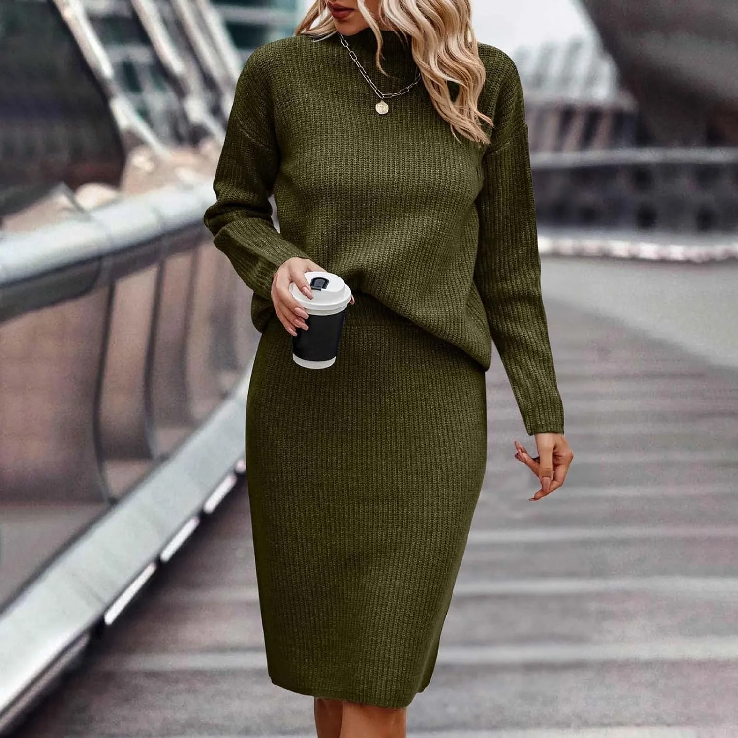 Womens 2023 Fall Two Piece Outfits Ribbed Knit Long Sleeve Pullover Sweater and Midi Skirt Sets Solid Color Loungewear