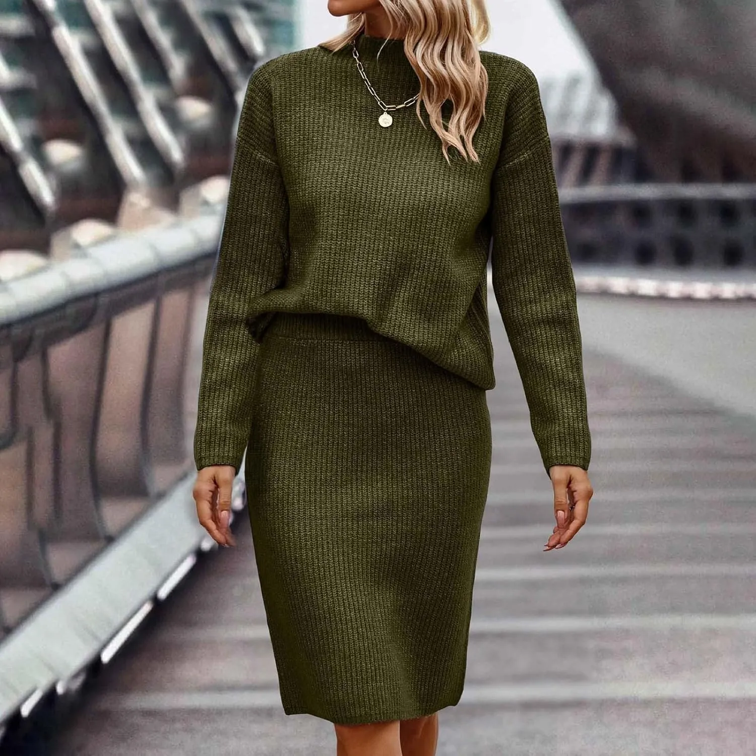Womens 2023 Fall Two Piece Outfits Ribbed Knit Long Sleeve Pullover Sweater and Midi Skirt Sets Solid Color Loungewear
