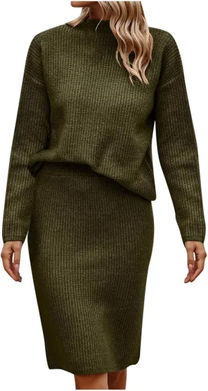Womens 2023 Fall Two Piece Outfits Ribbed Knit Long Sleeve Pullover Sweater and Midi Skirt Sets Solid Color Loungewear
