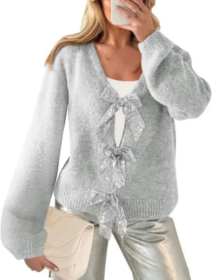Womens 2024 Fall Winter Bow Knot Cardigan Sweater Long Sleeve Open Front V Neck Chunky Knit Cardigan Coats