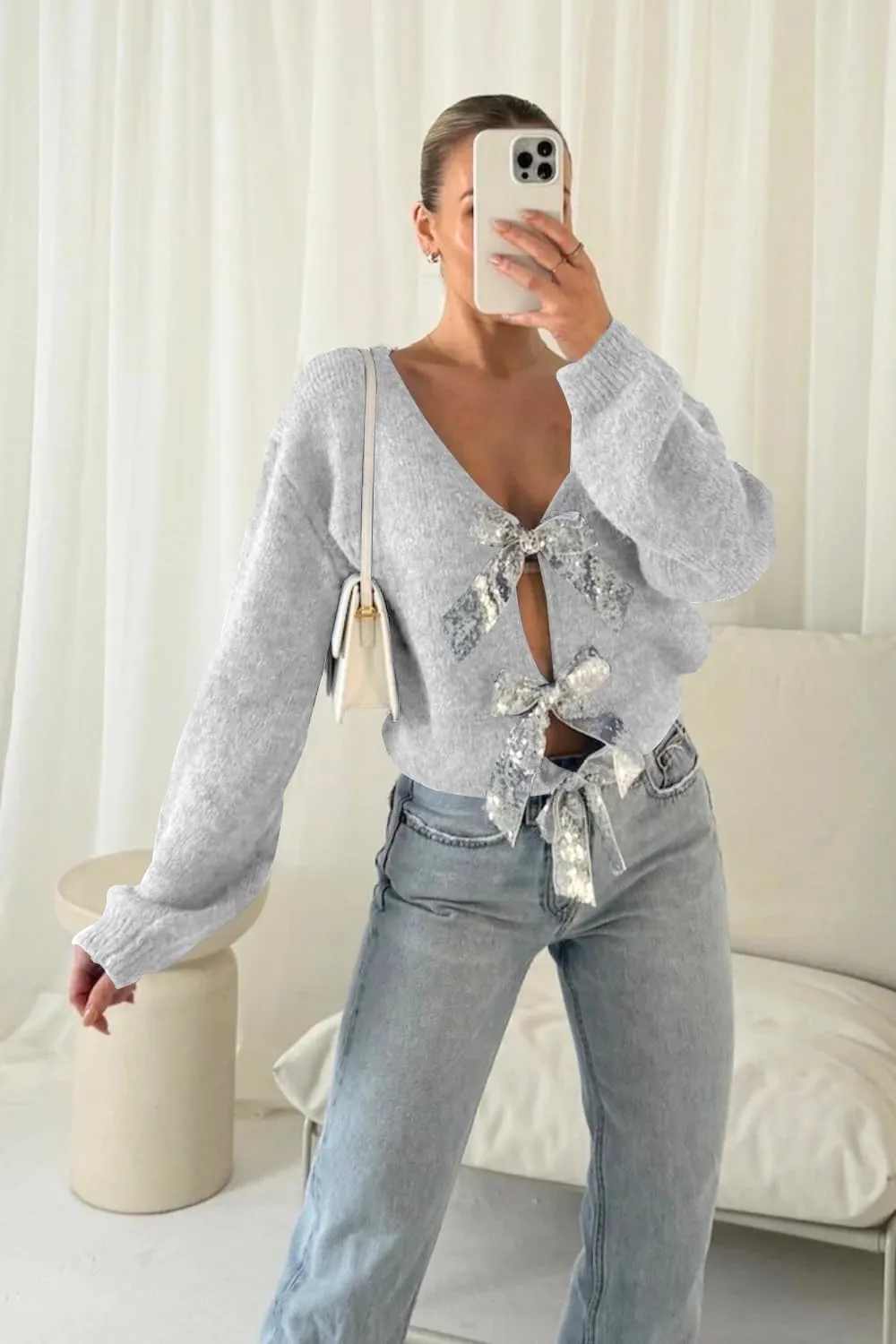 Womens 2024 Fall Winter Bow Knot Cardigan Sweater Long Sleeve Open Front V Neck Chunky Knit Cardigan Coats