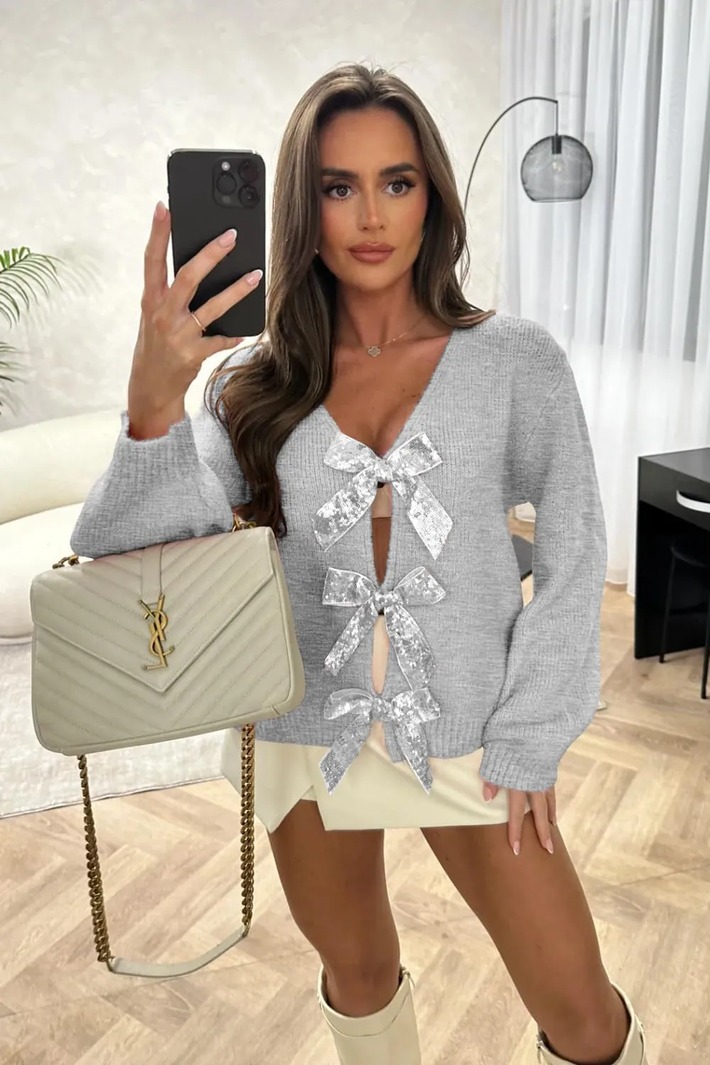 Womens 2024 Fall Winter Bow Knot Cardigan Sweater Long Sleeve Open Front V Neck Chunky Knit Cardigan Coats
