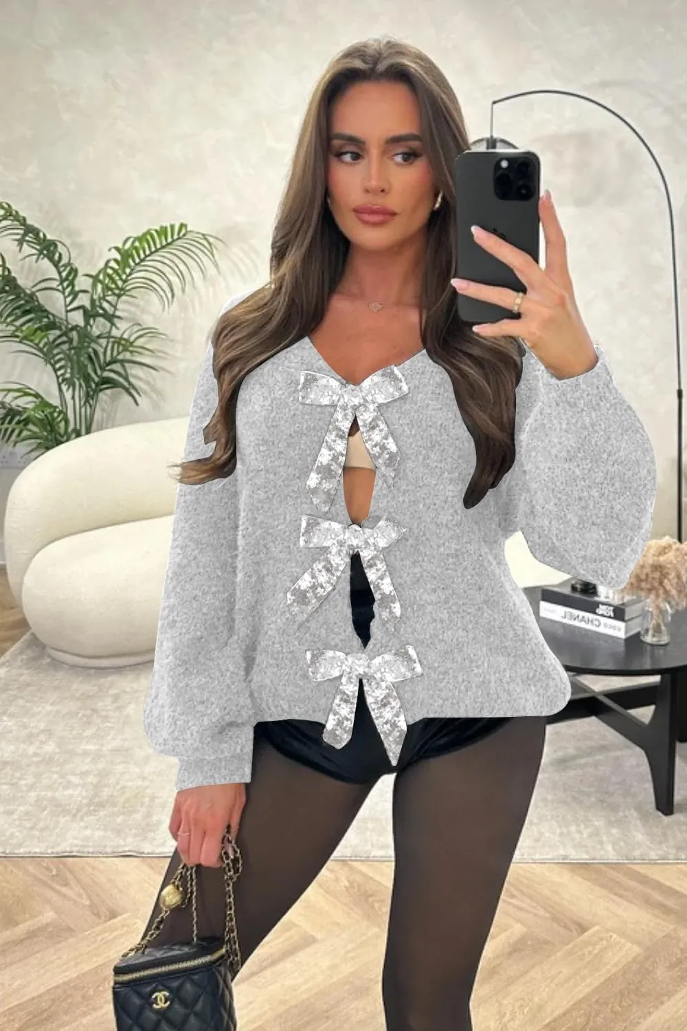 Womens 2024 Fall Winter Bow Knot Cardigan Sweater Long Sleeve Open Front V Neck Chunky Knit Cardigan Coats