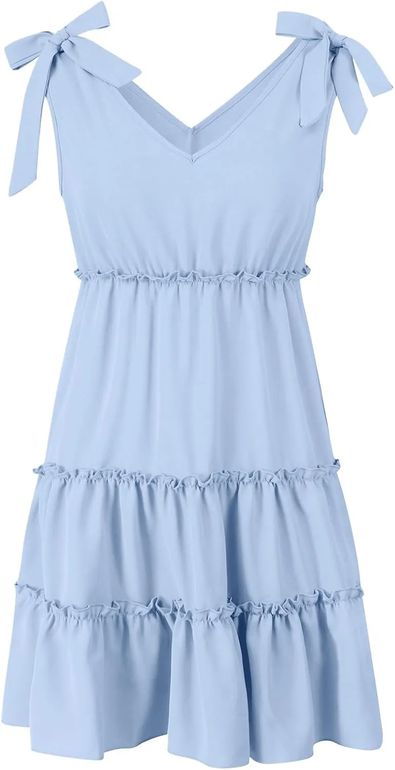 Womens 2024 Summer Mini Dress Casual V Neck Sleeveless Tie Shoulder Tiered Ruffle Swing A Line Short Sundresses Beach Dress