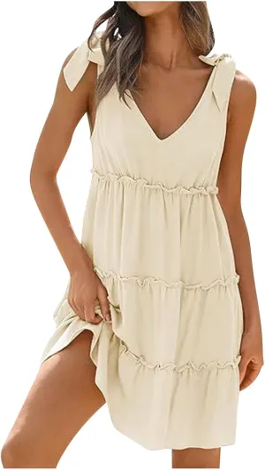 Womens 2024 Summer Mini Dress Casual V Neck Sleeveless Tie Shoulder Tiered Ruffle Swing A Line Short Sundresses Beach Dress
