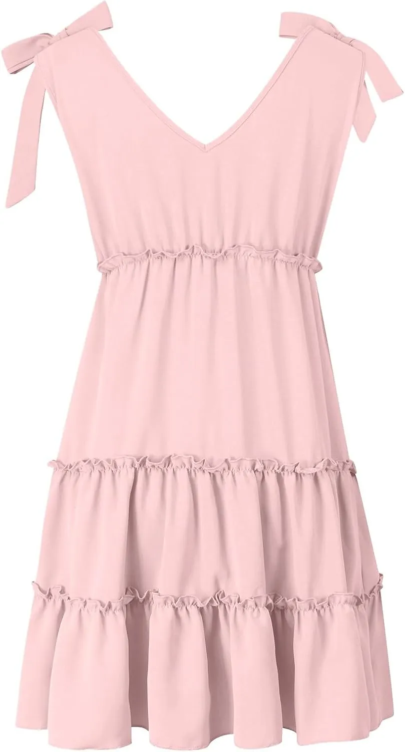 Womens 2024 Summer Mini Dress Casual V Neck Sleeveless Tie Shoulder Tiered Ruffle Swing A Line Short Sundresses Beach Dress