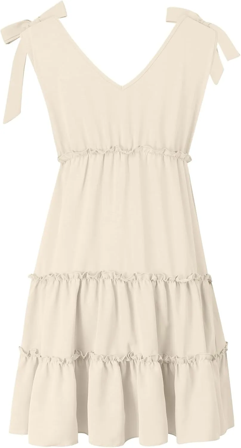 Womens 2024 Summer Mini Dress Casual V Neck Sleeveless Tie Shoulder Tiered Ruffle Swing A Line Short Sundresses Beach Dress