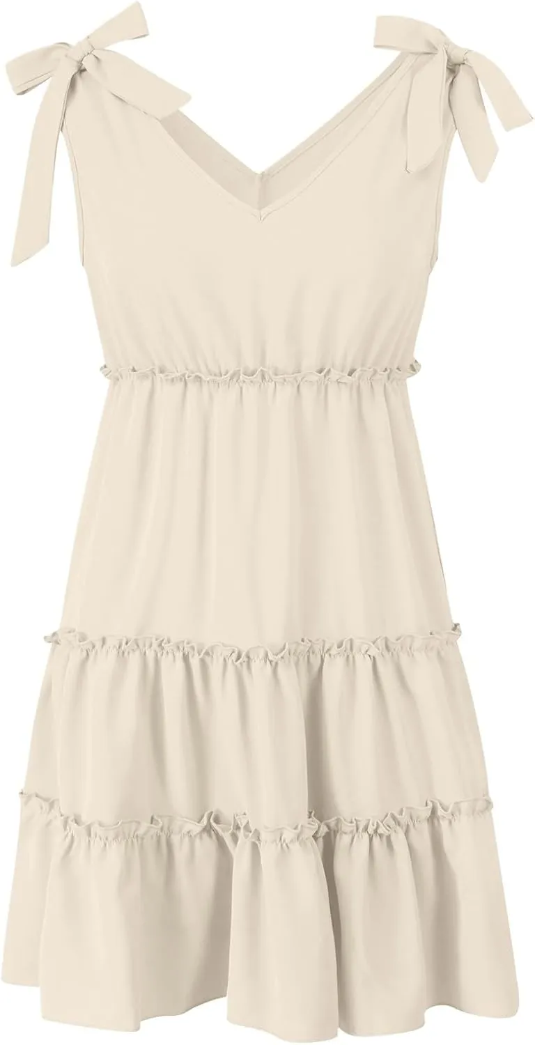 Womens 2024 Summer Mini Dress Casual V Neck Sleeveless Tie Shoulder Tiered Ruffle Swing A Line Short Sundresses Beach Dress