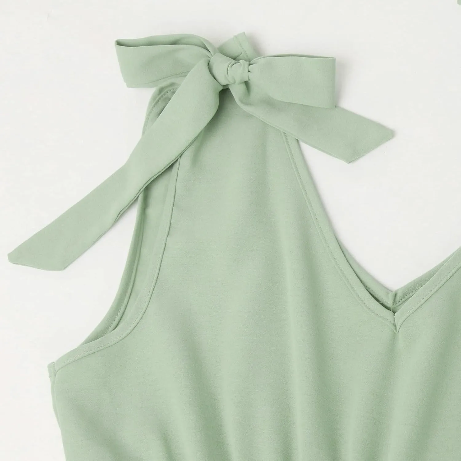 Womens 2024 Summer Mini Dress Casual V Neck Sleeveless Tie Shoulder Tiered Ruffle Swing A Line Short Sundresses Beach Dress