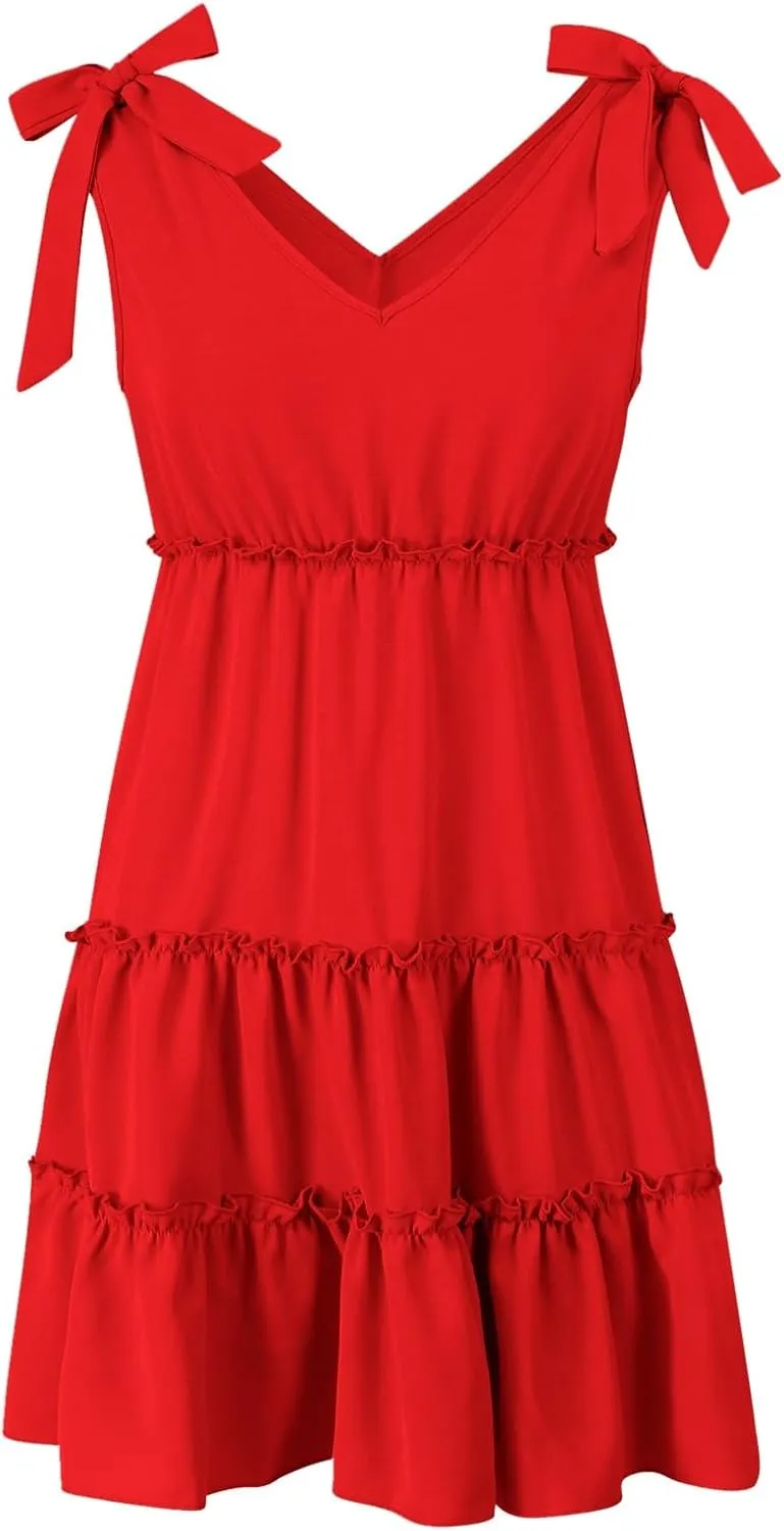 Womens 2024 Summer Mini Dress Casual V Neck Sleeveless Tie Shoulder Tiered Ruffle Swing A Line Short Sundresses Beach Dress