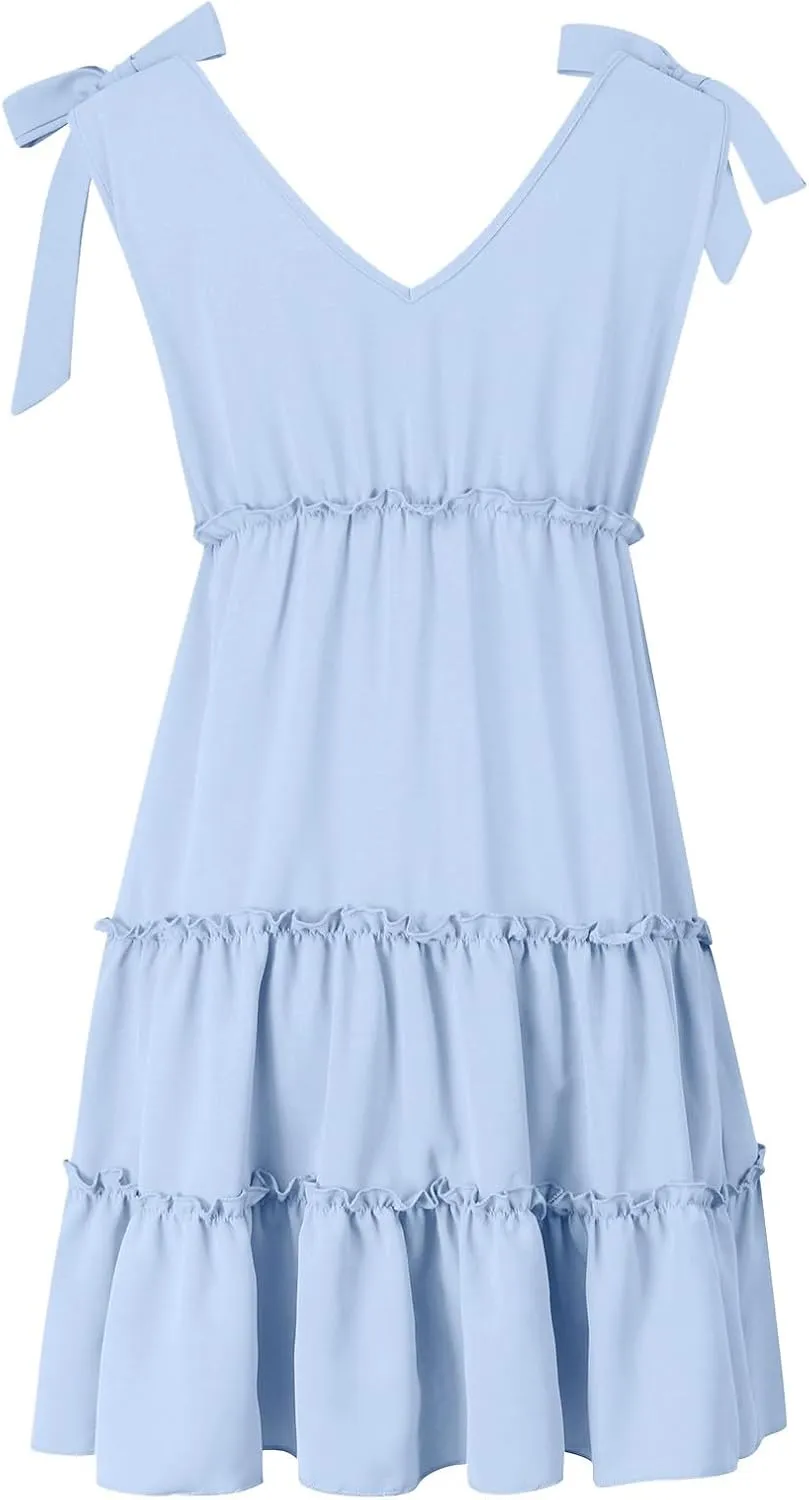 Womens 2024 Summer Mini Dress Casual V Neck Sleeveless Tie Shoulder Tiered Ruffle Swing A Line Short Sundresses Beach Dress