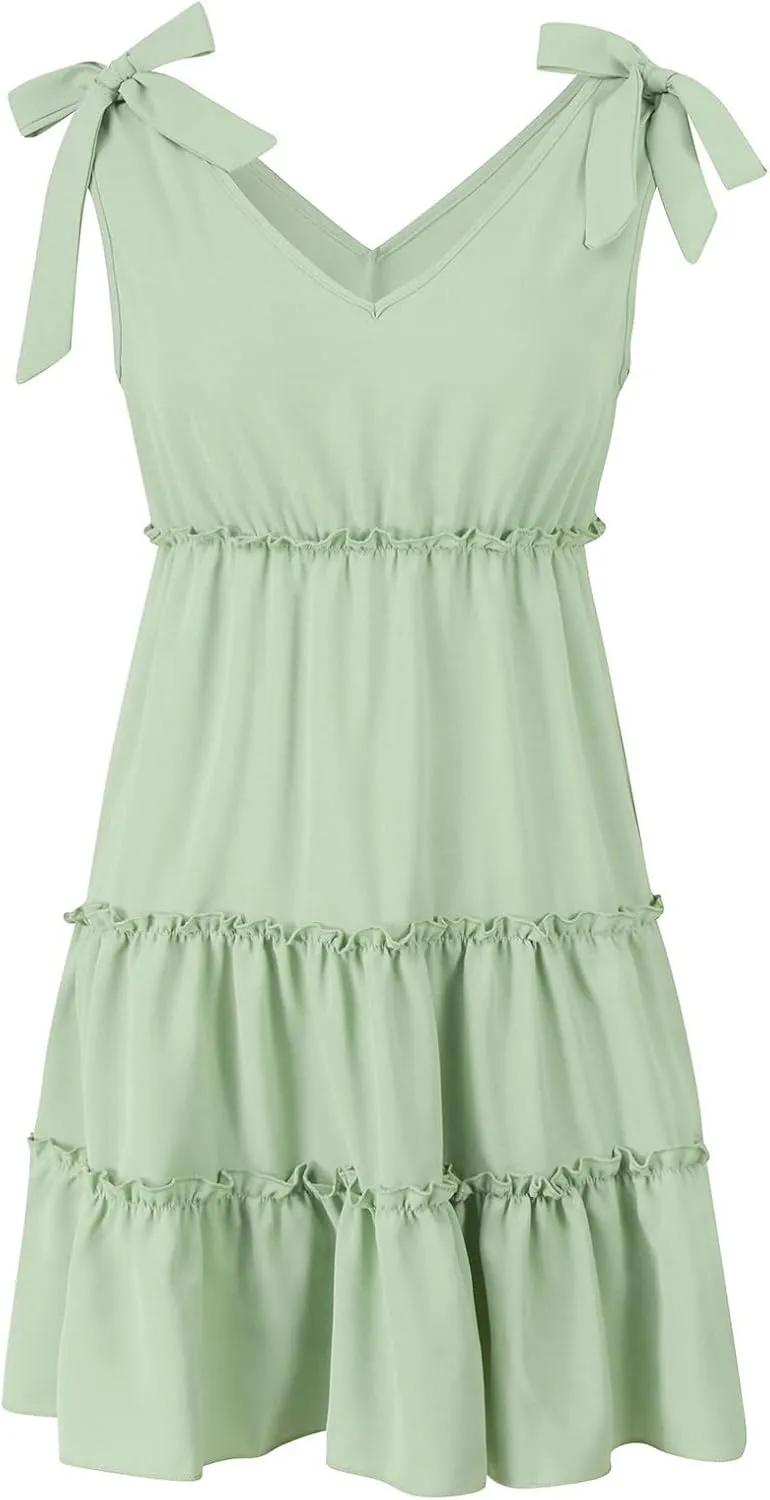 Womens 2024 Summer Mini Dress Casual V Neck Sleeveless Tie Shoulder Tiered Ruffle Swing A Line Short Sundresses Beach Dress