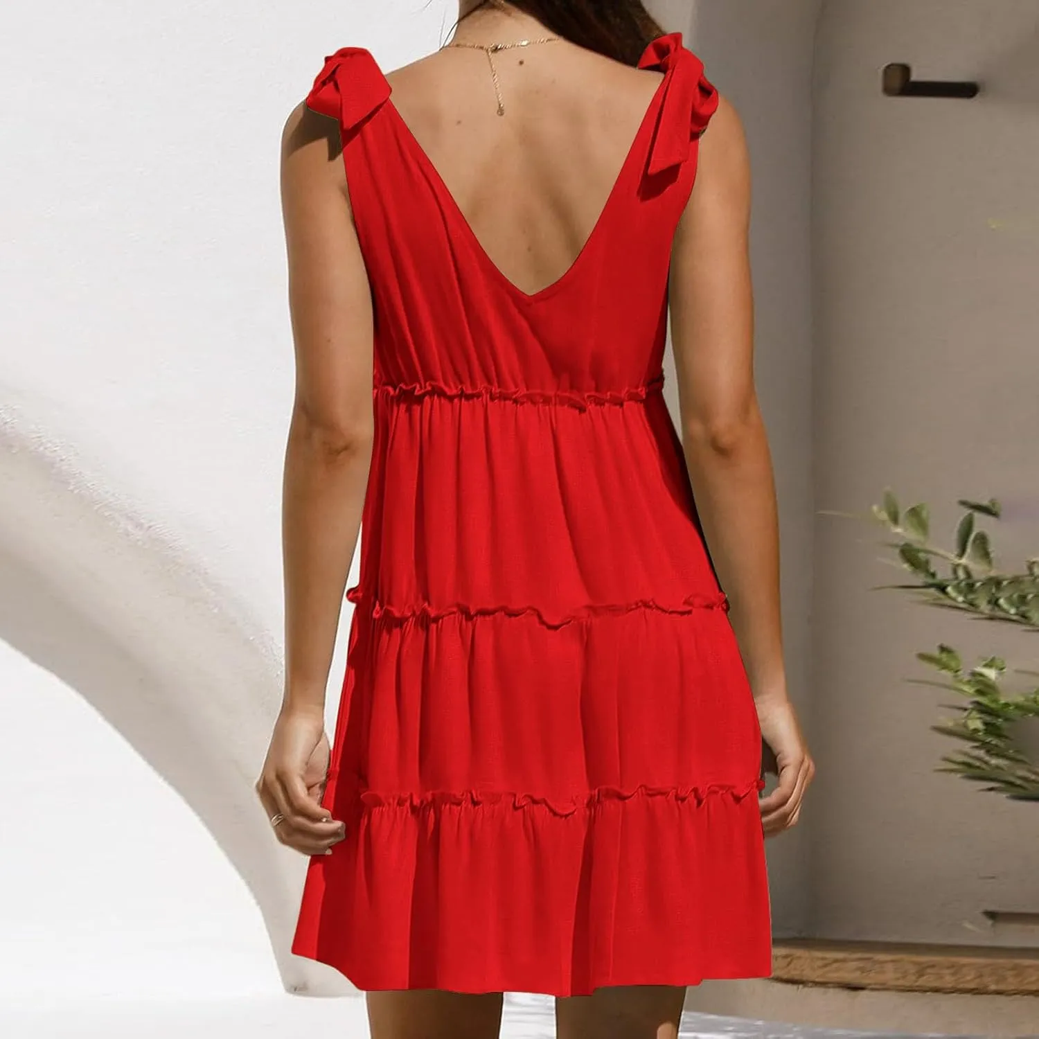 Womens 2024 Summer Mini Dress Casual V Neck Sleeveless Tie Shoulder Tiered Ruffle Swing A Line Short Sundresses Beach Dress