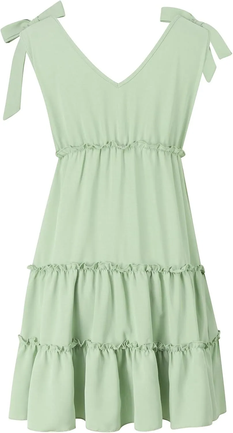 Womens 2024 Summer Mini Dress Casual V Neck Sleeveless Tie Shoulder Tiered Ruffle Swing A Line Short Sundresses Beach Dress