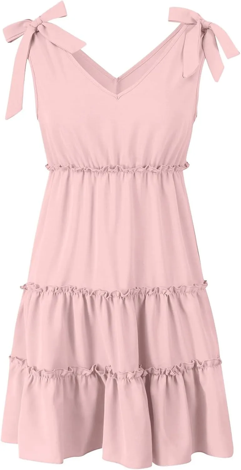 Womens 2024 Summer Mini Dress Casual V Neck Sleeveless Tie Shoulder Tiered Ruffle Swing A Line Short Sundresses Beach Dress