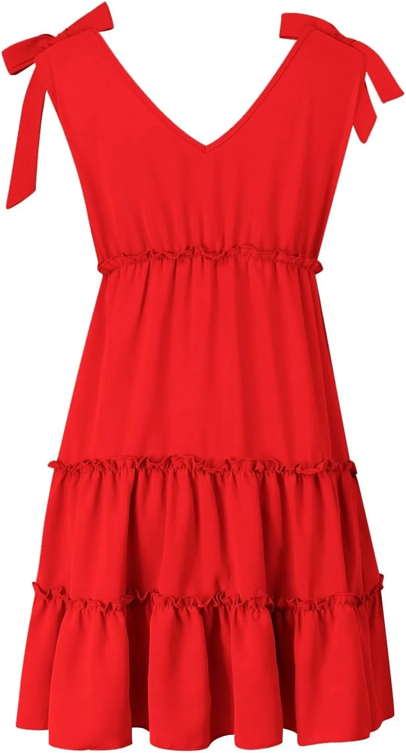 Womens 2024 Summer Mini Dress Casual V Neck Sleeveless Tie Shoulder Tiered Ruffle Swing A Line Short Sundresses Beach Dress