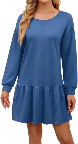 Womens 2025 Fall Long Sleeve Pullover Tops Crewneck Rib Knit Patchwork Sweatshirt Dress Ruffle Dress for Women