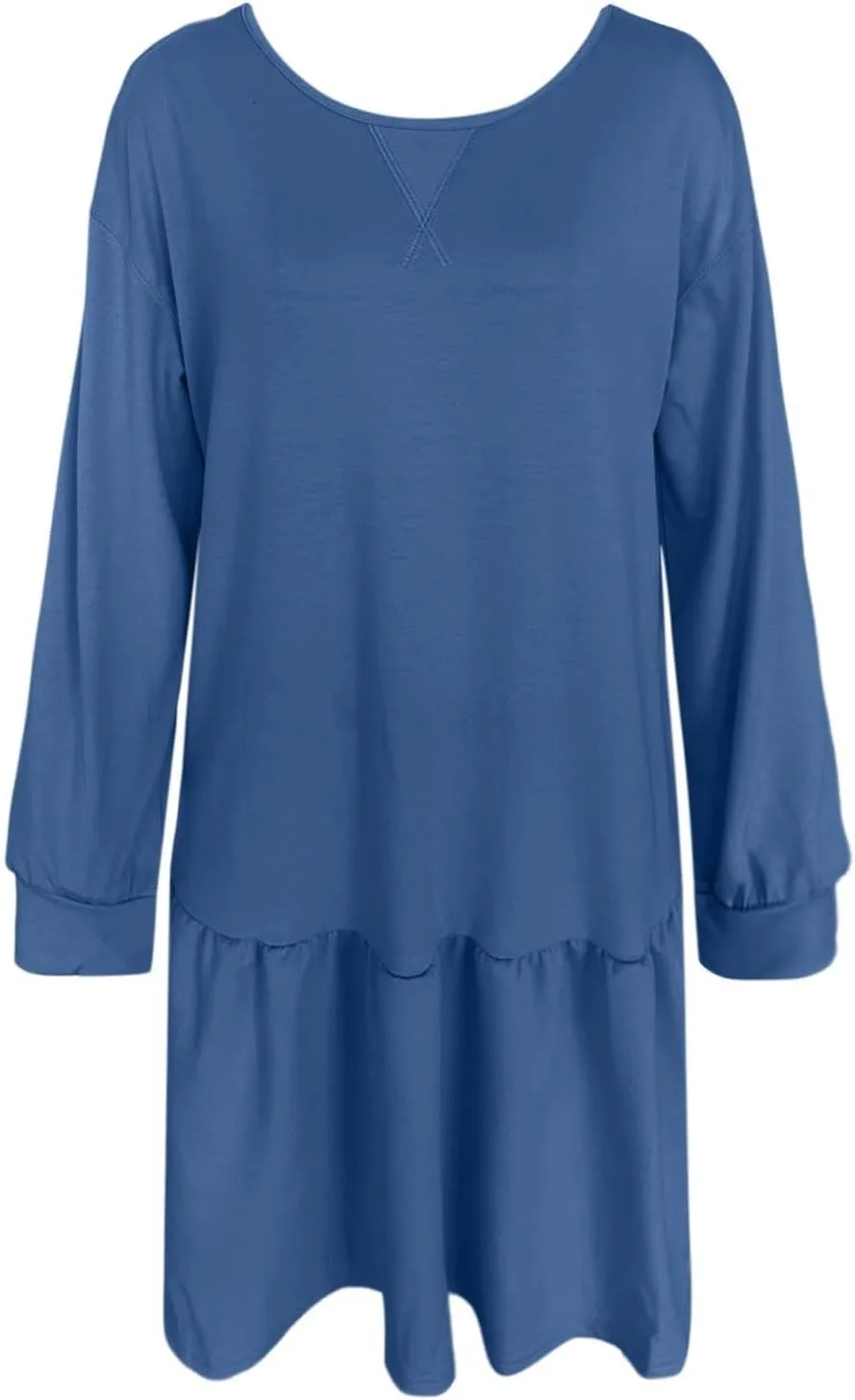 Womens 2025 Fall Long Sleeve Pullover Tops Crewneck Rib Knit Patchwork Sweatshirt Dress Ruffle Dress for Women