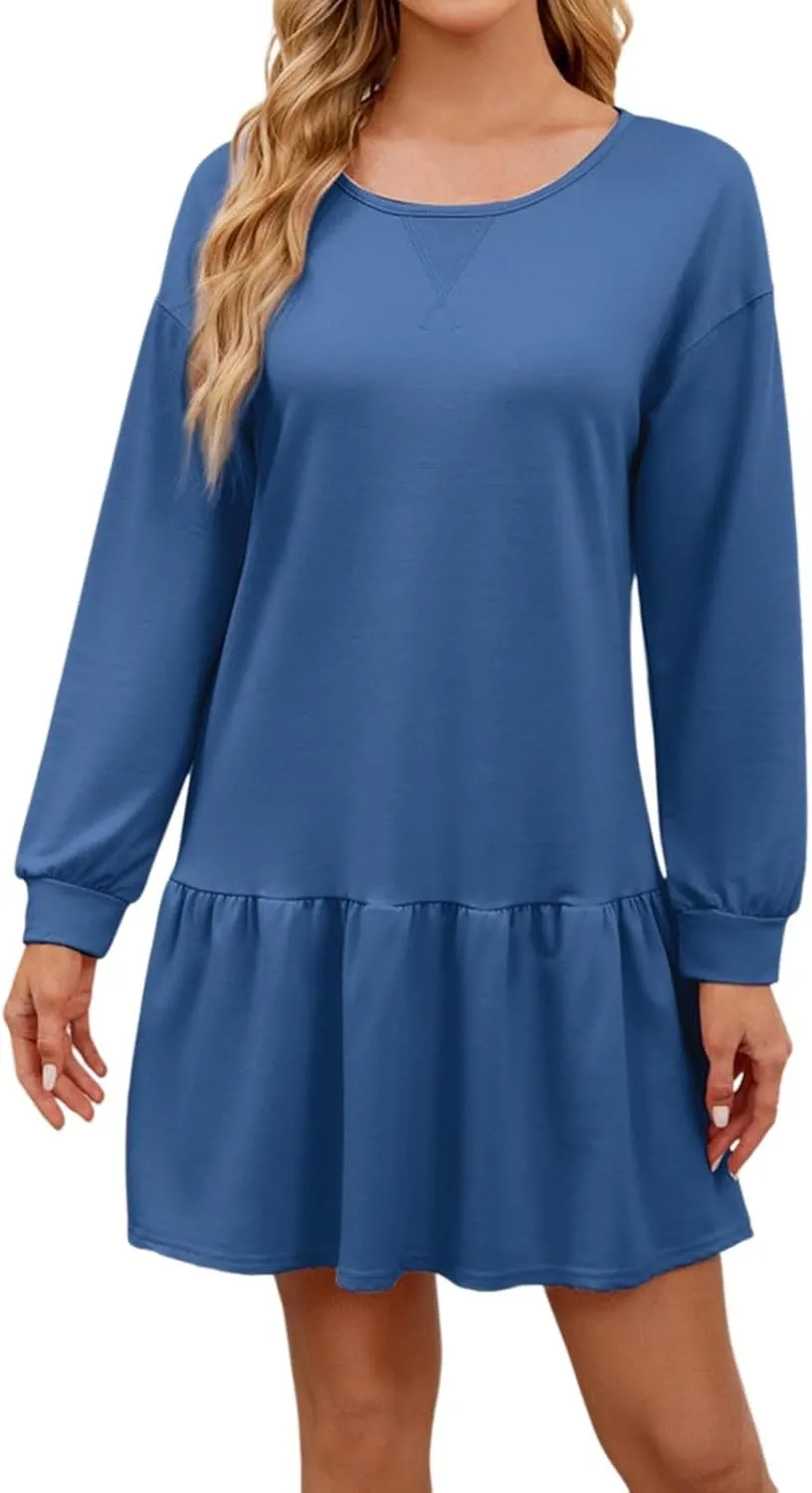 Womens 2025 Fall Long Sleeve Pullover Tops Crewneck Rib Knit Patchwork Sweatshirt Dress Ruffle Dress for Women