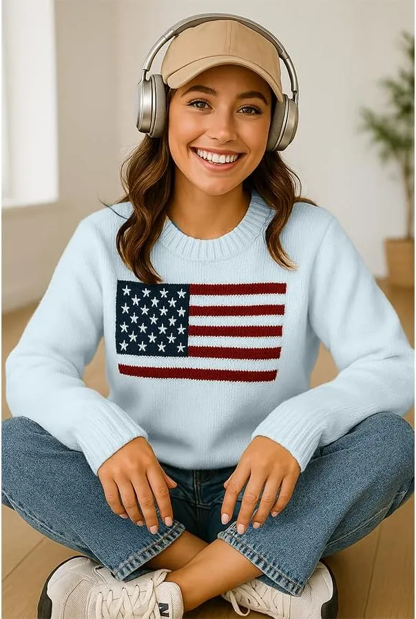 Women's American Flag Pattern Long Sleeve Lightweight Round Neck Sweater Casual Loose Pullover Sweater