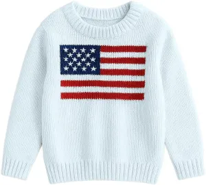 Women's American Flag Pattern Long Sleeve Lightweight Round Neck Sweater Casual Loose Pullover Sweater