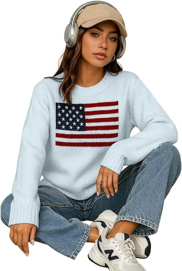 Women's American Flag Pattern Long Sleeve Lightweight Round Neck Sweater Casual Loose Pullover Sweater