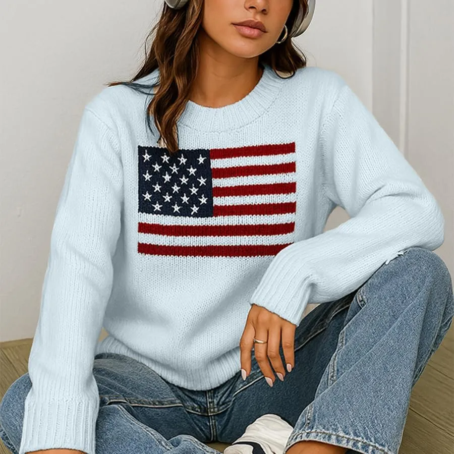 Women's American Flag Pattern Long Sleeve Lightweight Round Neck Sweater Casual Loose Pullover Sweater