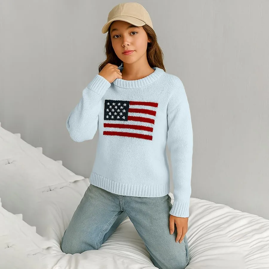 Women's American Flag Pattern Long Sleeve Lightweight Round Neck Sweater Casual Loose Pullover Sweater