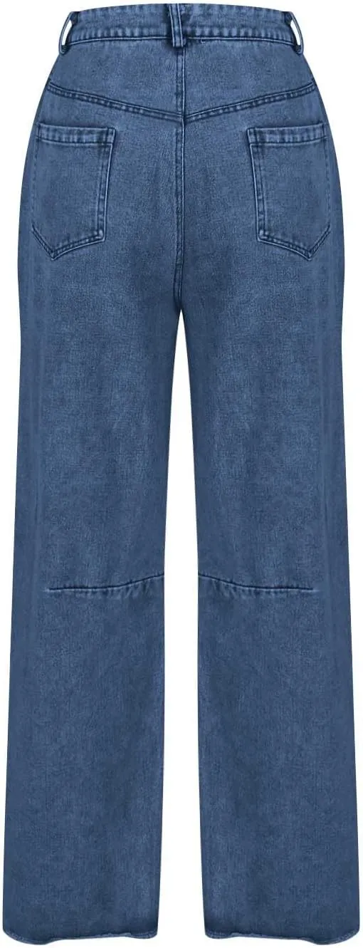 Women's Baggy Denim Trousers Fashion Button Zipper High Waist Wide Leg Jeans with Pockets Y2k Streetwear Clothing