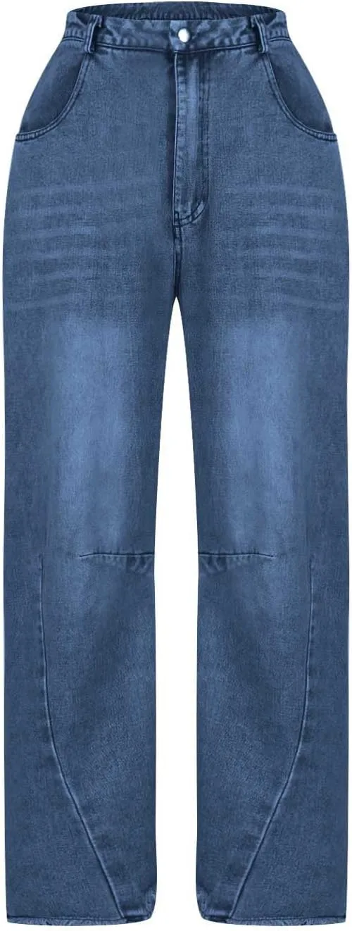 Women's Baggy Denim Trousers Fashion Button Zipper High Waist Wide Leg Jeans with Pockets Y2k Streetwear Clothing