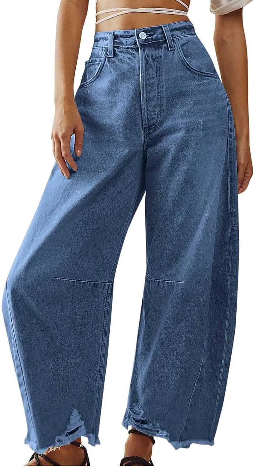 Women's Baggy Denim Trousers Fashion Button Zipper High Waist Wide Leg Jeans with Pockets Y2k Streetwear Clothing