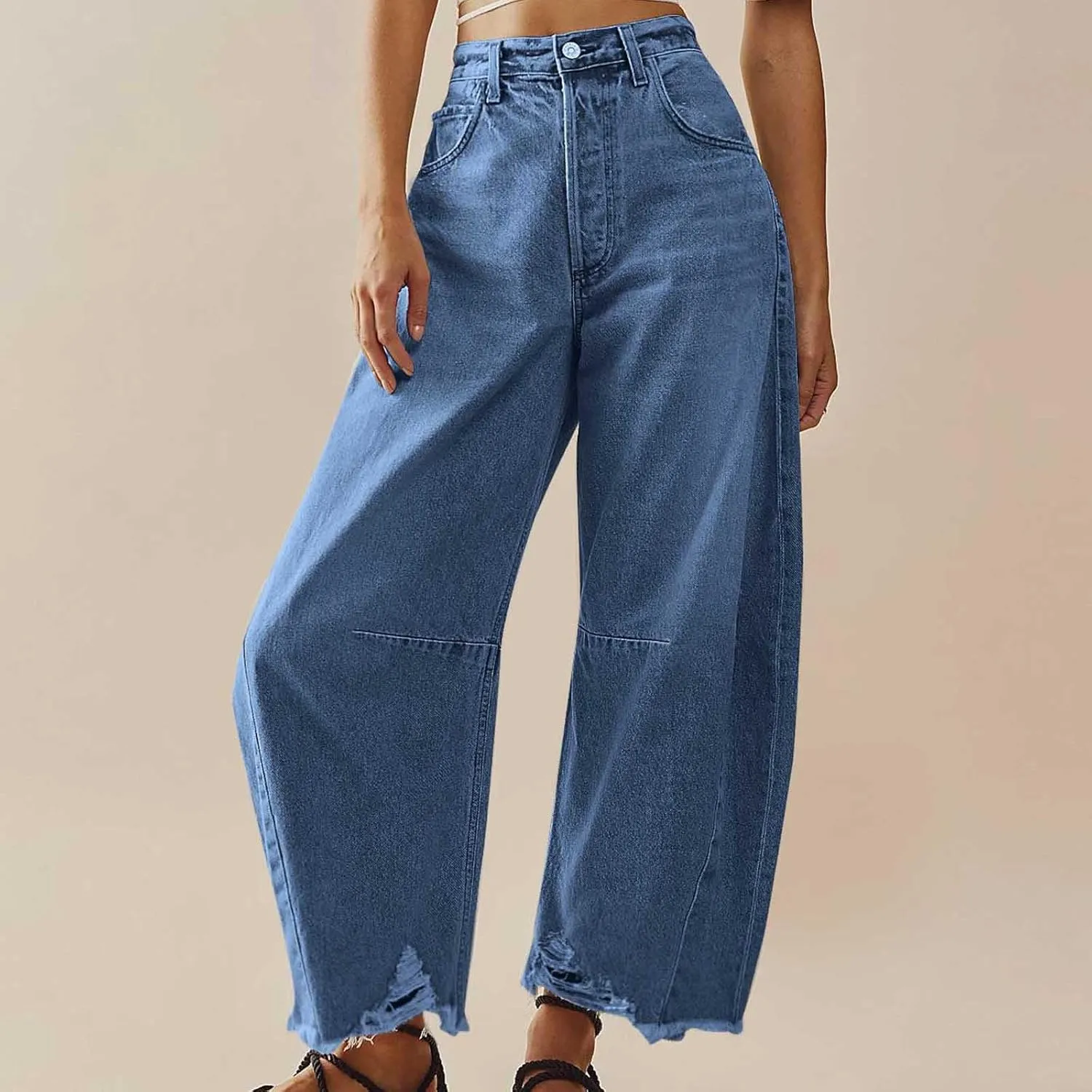 Women's Baggy Denim Trousers Fashion Button Zipper High Waist Wide Leg Jeans with Pockets Y2k Streetwear Clothing