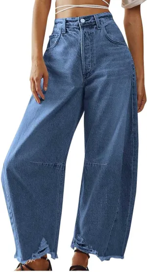 Women's Baggy Denim Trousers Fashion Button Zipper High Waist Wide Leg Jeans with Pockets Y2k Streetwear Clothing