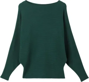 Women's Batwing Sleeves Sweater Solid Boat Neck Knit Pullover Dolman Sweater Tops for Women
