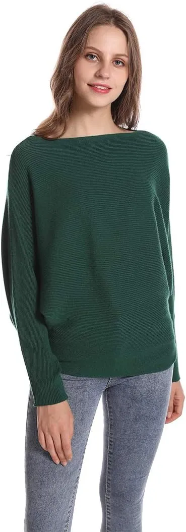 Women's Batwing Sleeves Sweater Solid Boat Neck Knit Pullover Dolman Sweater Tops for Women