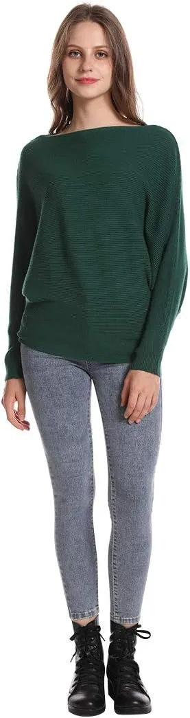Women's Batwing Sleeves Sweater Solid Boat Neck Knit Pullover Dolman Sweater Tops for Women