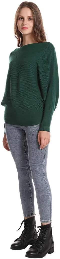Women's Batwing Sleeves Sweater Solid Boat Neck Knit Pullover Dolman Sweater Tops for Women