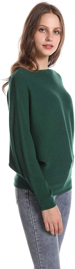Women's Batwing Sleeves Sweater Solid Boat Neck Knit Pullover Dolman Sweater Tops for Women