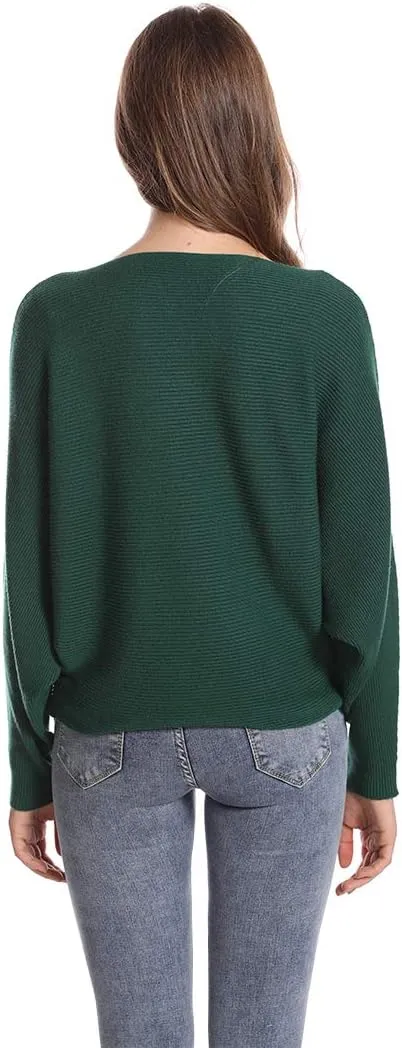 Women's Batwing Sleeves Sweater Solid Boat Neck Knit Pullover Dolman Sweater Tops for Women